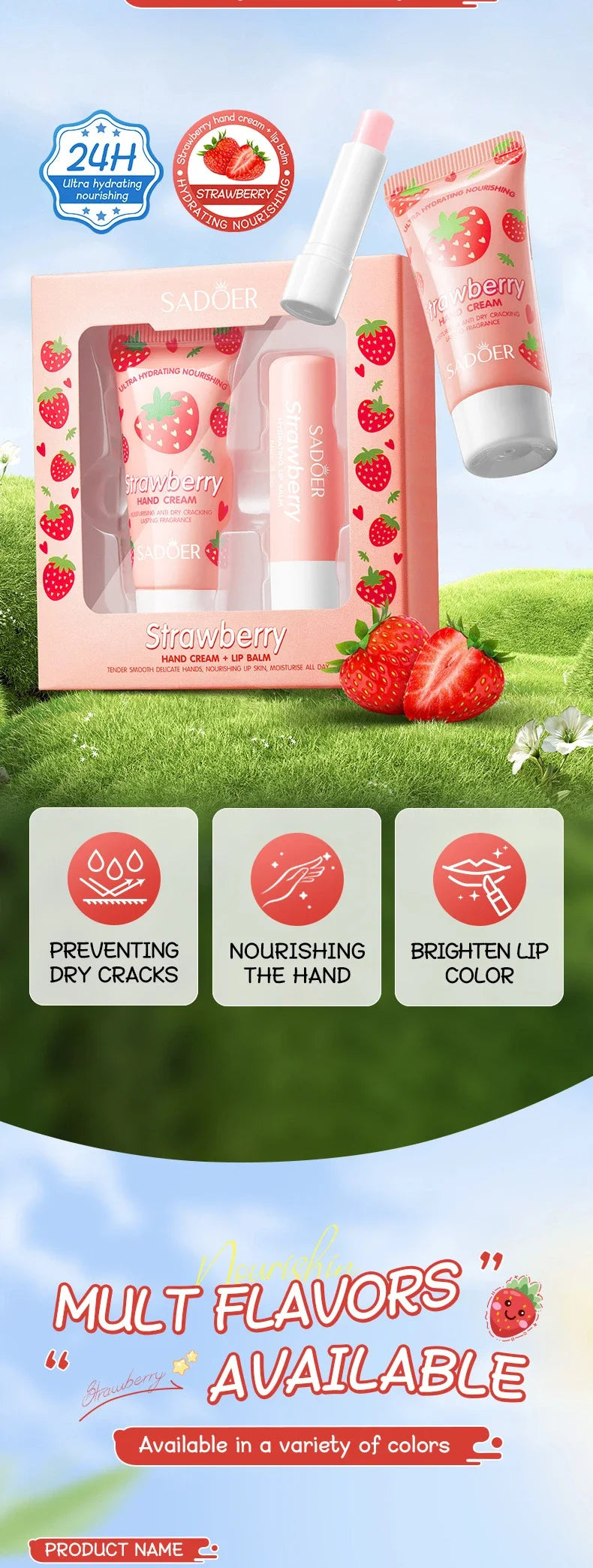 Crema nutritiva de fresa para manos, bálsamo labial, juegos de cuidado de la piel, hidratante, labios regordetes, lápiz labial de frutas, labios regordetes, cuidado de la piel de las manos