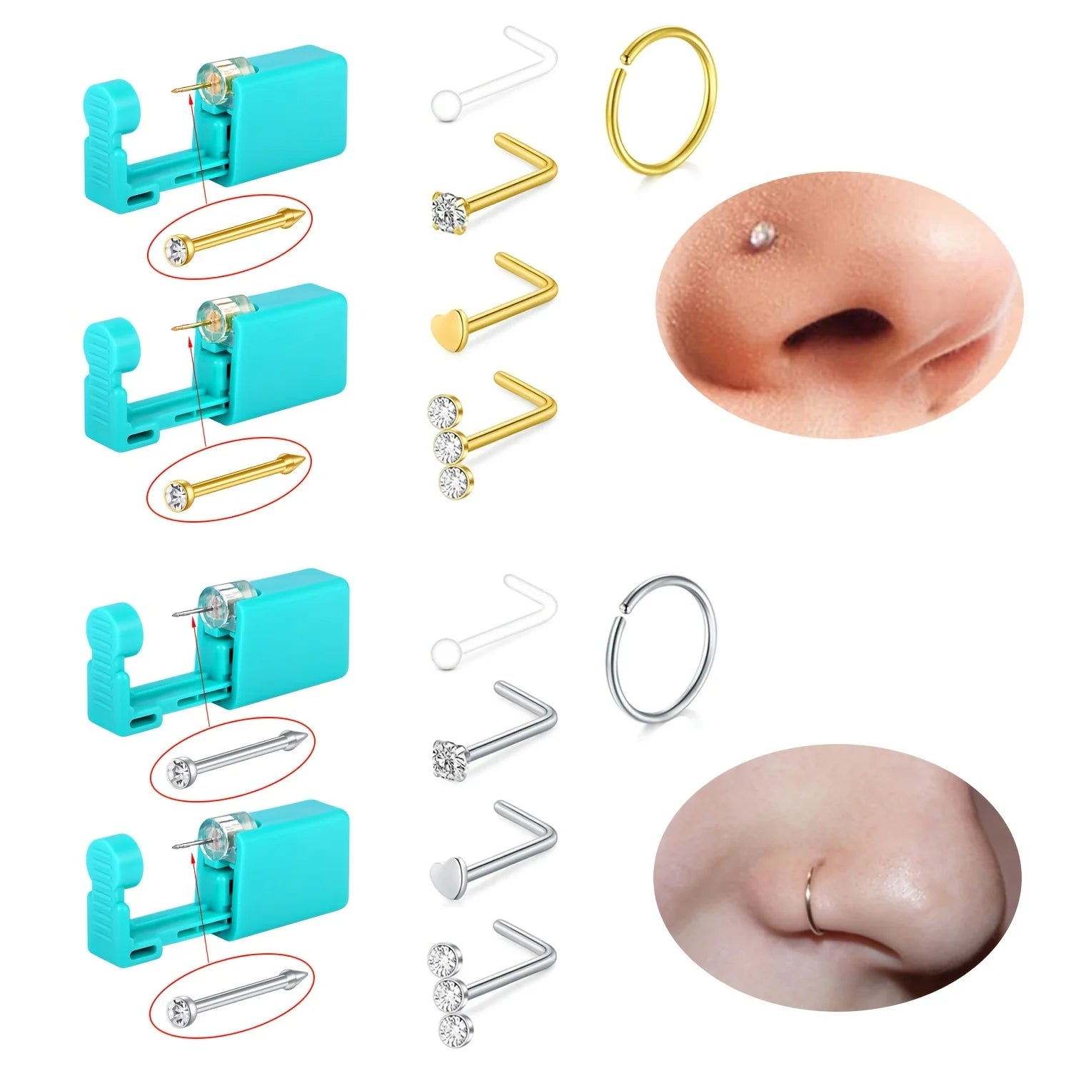 Kit de perforación de nariz de 7 piezas, kit de perforación de anillo de nariz, kit de perforación de nariz con anillos de nariz, kit de pistola de perforación de nariz desechable