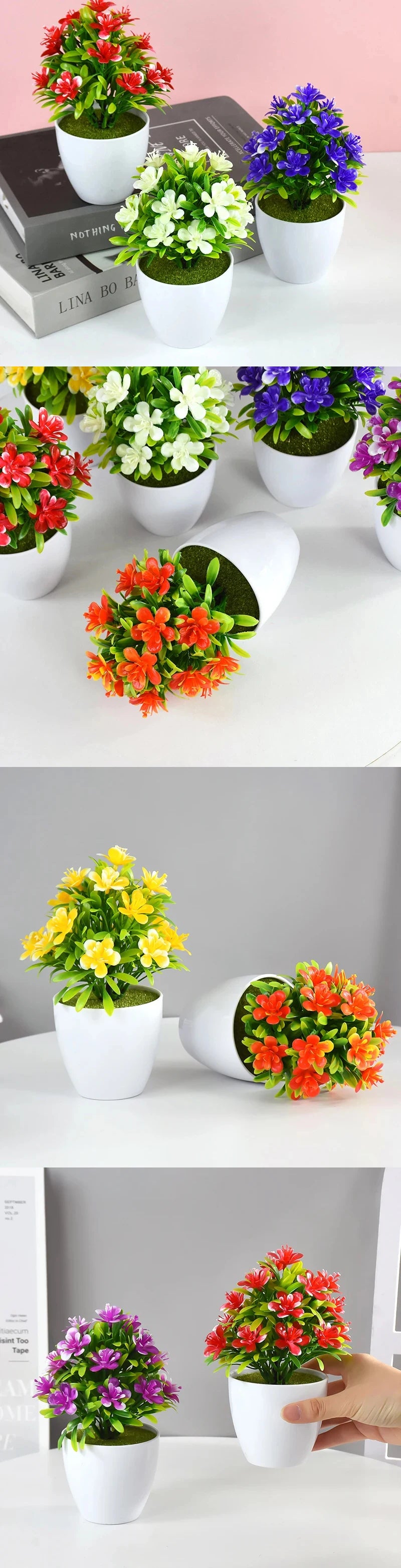 Flores Artificiales de Ciruelo de Cinco Hojas, Plantas Pequeñas en Maceta, Aptas para Interiores y Exteriores, Ideales para Decoración del Hogar y Bodas