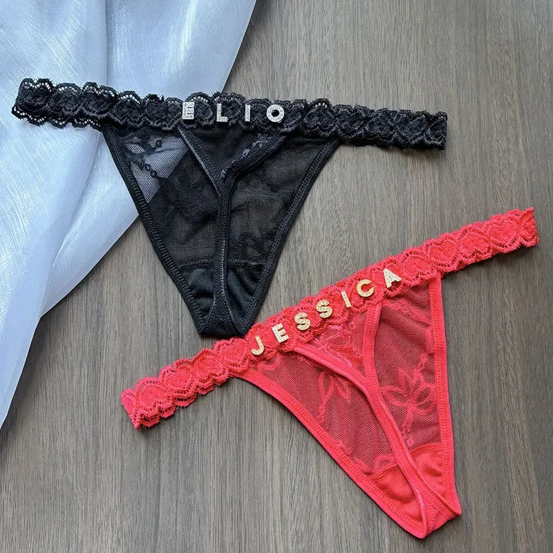 Tangas personalizadas para mujer, tanga con nombre de letra de cristal y espalda en T, Tanga Sexy de encaje personalizado con nombre, ropa interior, bragas