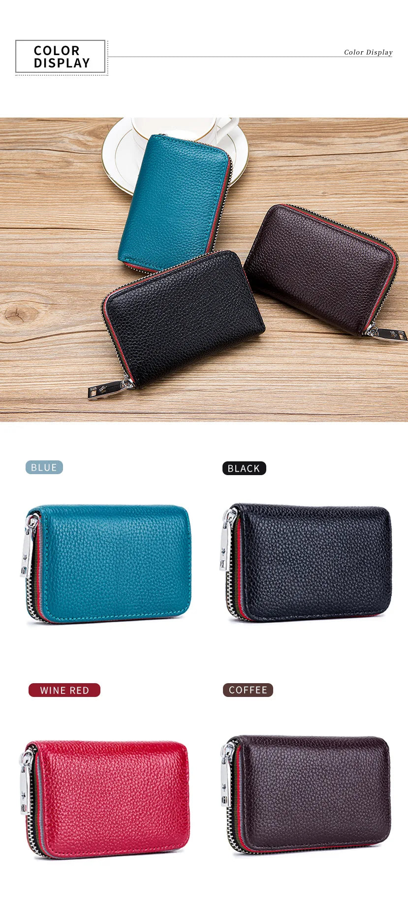 Tarjetero de cuero genuino para hombre y mujer, cartera pequeña con cremallera, monedero sólido, diseño de acordeón, identificación Rfid, bolsas para tarjetas de crédito comerciales