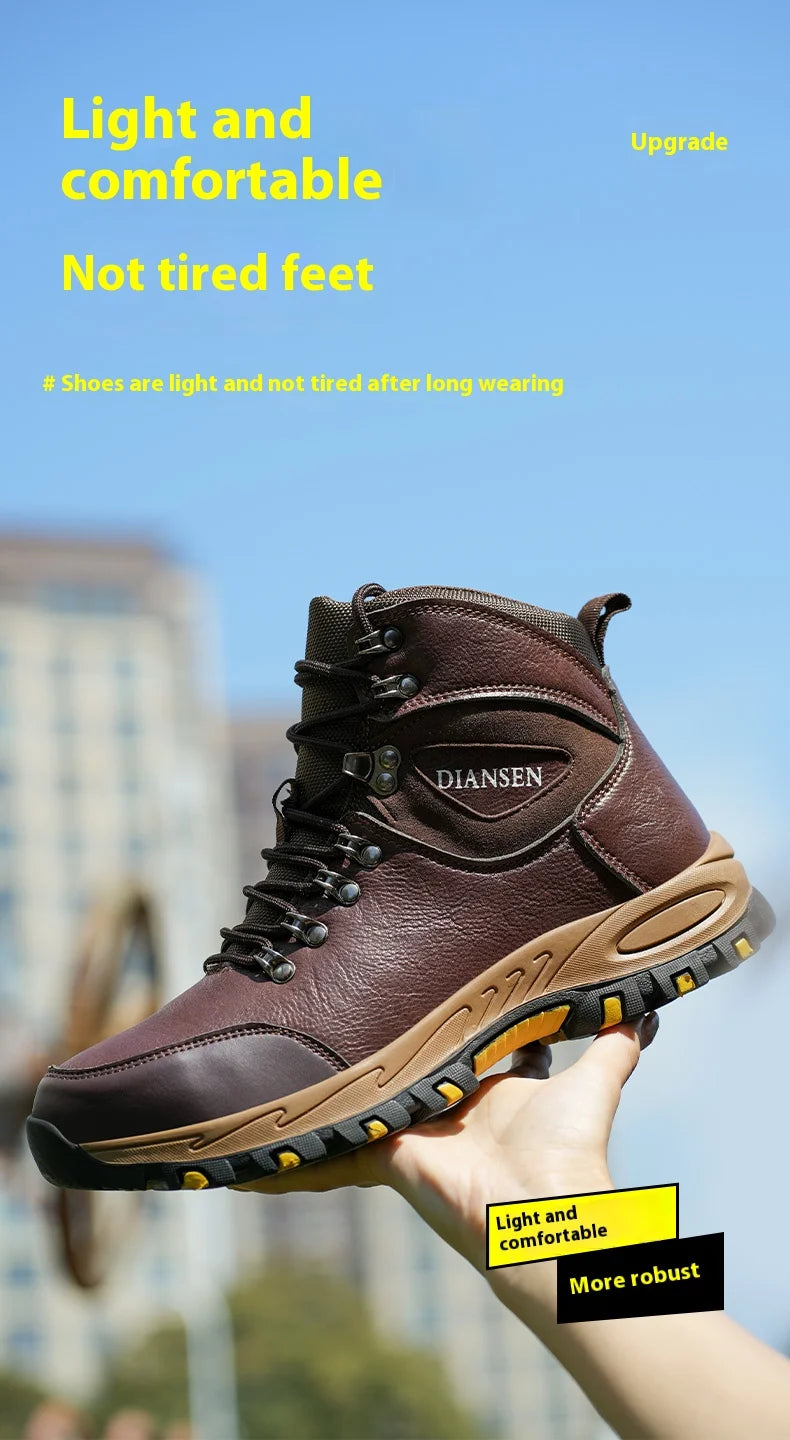 Botas de seguridad de trabajo indestructibles de cuero impermeables para hombre, botas militares para exteriores, zapatos industriales antigolpes y antipinchazos para hombre