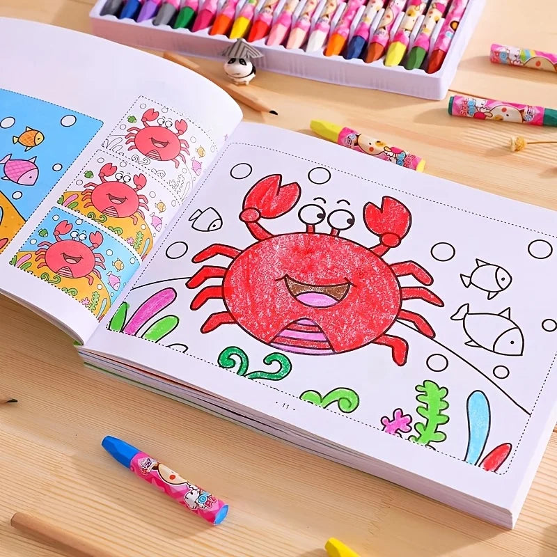 Cuaderno de bocetos de aprendizaje con animales de dibujos animados coloridos, 48 páginas, libro creativo para garabatos y colorear, cuaderno de bocetos interactivo temprano y bonito
