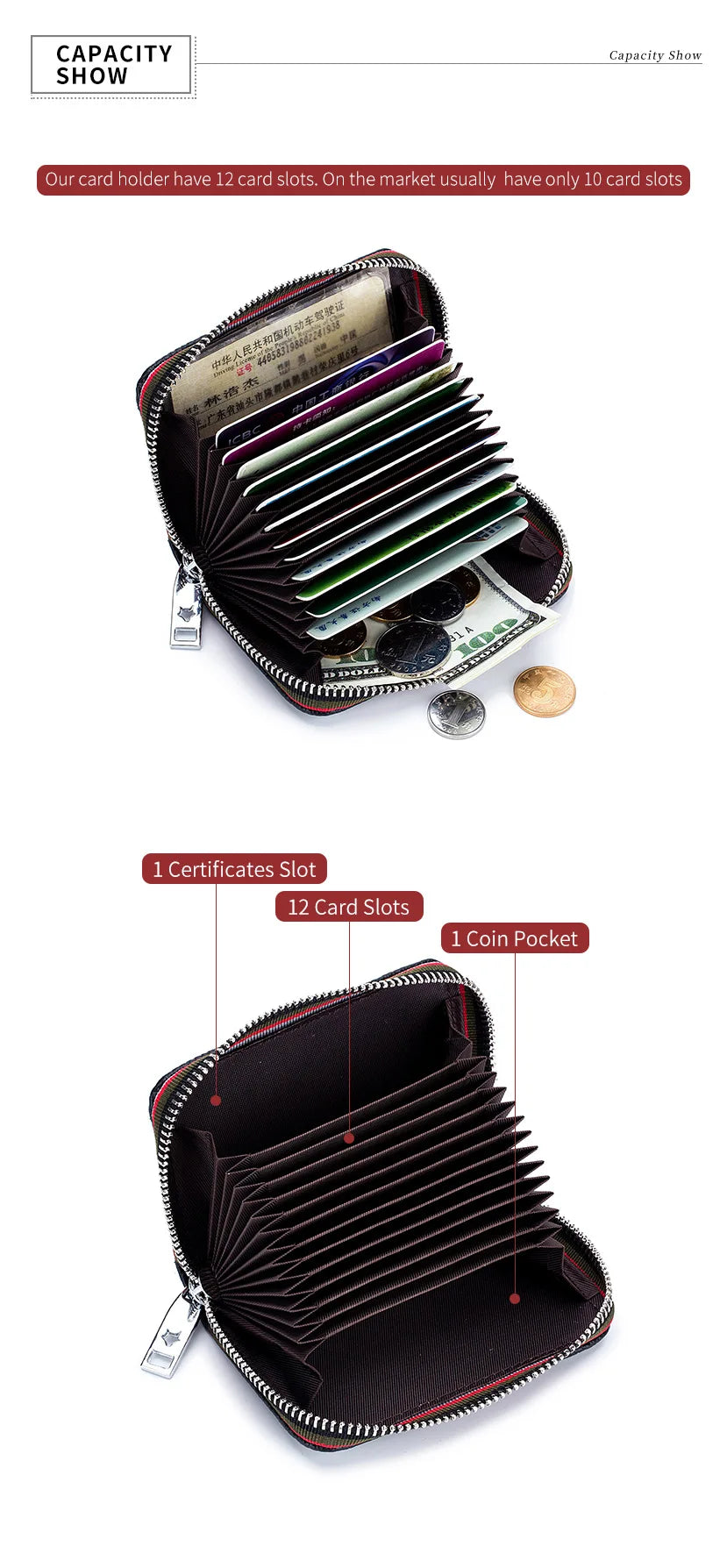 Tarjetero de cuero genuino para hombre y mujer, cartera pequeña con cremallera, monedero sólido, diseño de acordeón, identificación Rfid, bolsas para tarjetas de crédito comerciales