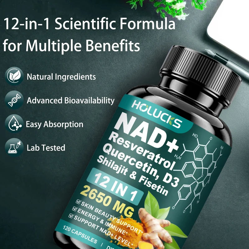 Cápsulas de NAD+ con Resveratrol, Suplemento 12 en 1, Mejora la Vitalidad Celular, Apoya la Energía y la Concentración, la Salud Inmunológica y de la Piel