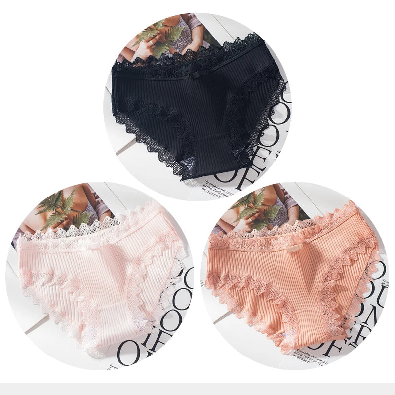 Bragas de algodón para mujer, bragas de encaje sexis, bragas de Color sólido para niñas, juego de ropa interior, ropa interior, Dropshipping 3 unids/lote
