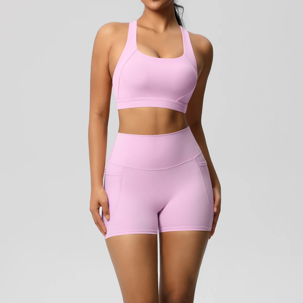 Ropa deportiva con bolsillo para mujer, conjunto de Yoga, ropa de gimnasio, trajes de Yoga para mujer, chándales, pantalones cortos deportivos, sujetador cruzado, mallas de gimnasio, 2 uds.