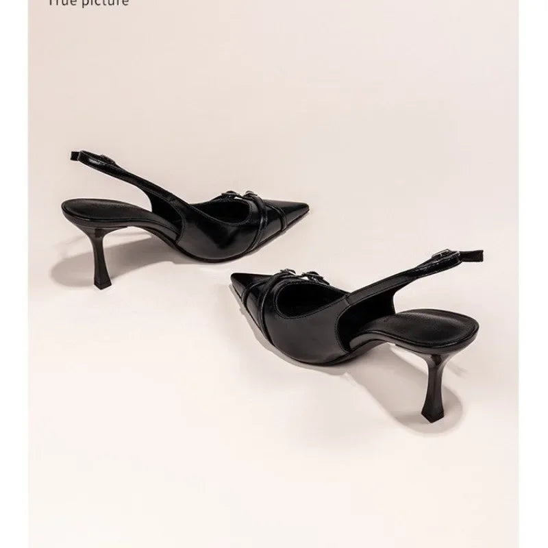Nuevos zapatos de tacón alto con punta estrecha a la moda, zapatos de tacón alto con hebilla elegante decorada, zapatos de mujer negros de aguja NO: 602