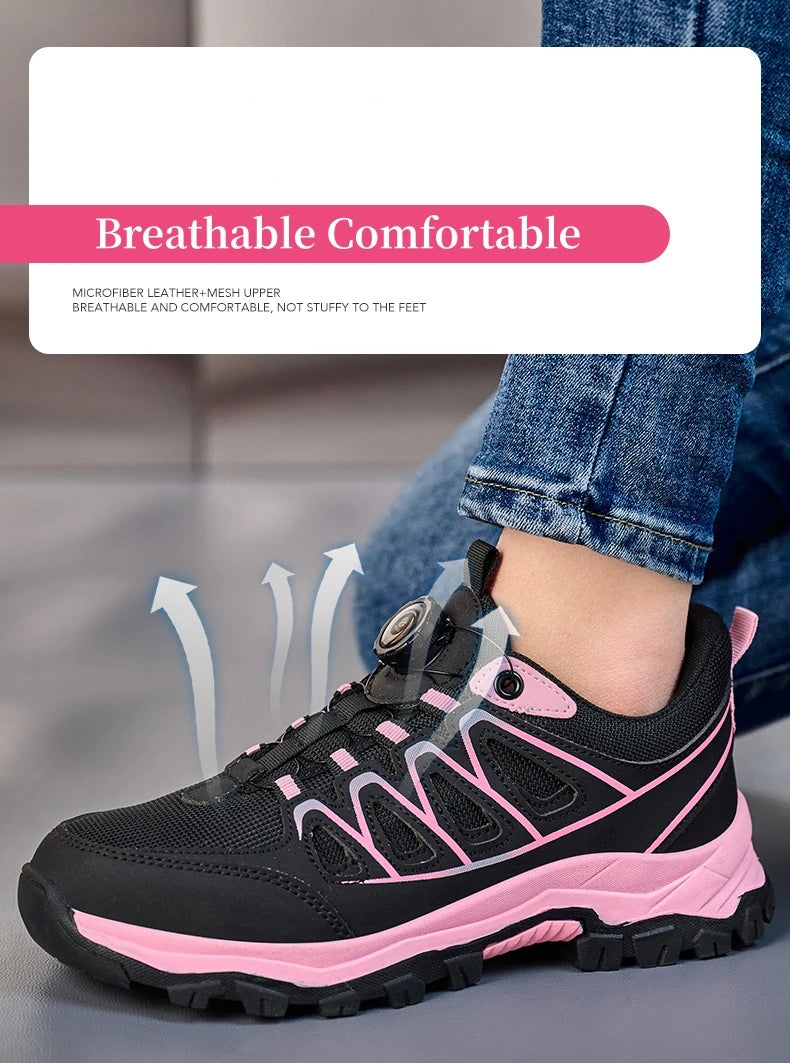 Zapatos de seguridad para el trabajo para mujer, zapatillas de trabajo con punta de acero, botón giratorio, transpirables, antideslizantes, protección a prueba de pinchazos, botas de seguridad rosas