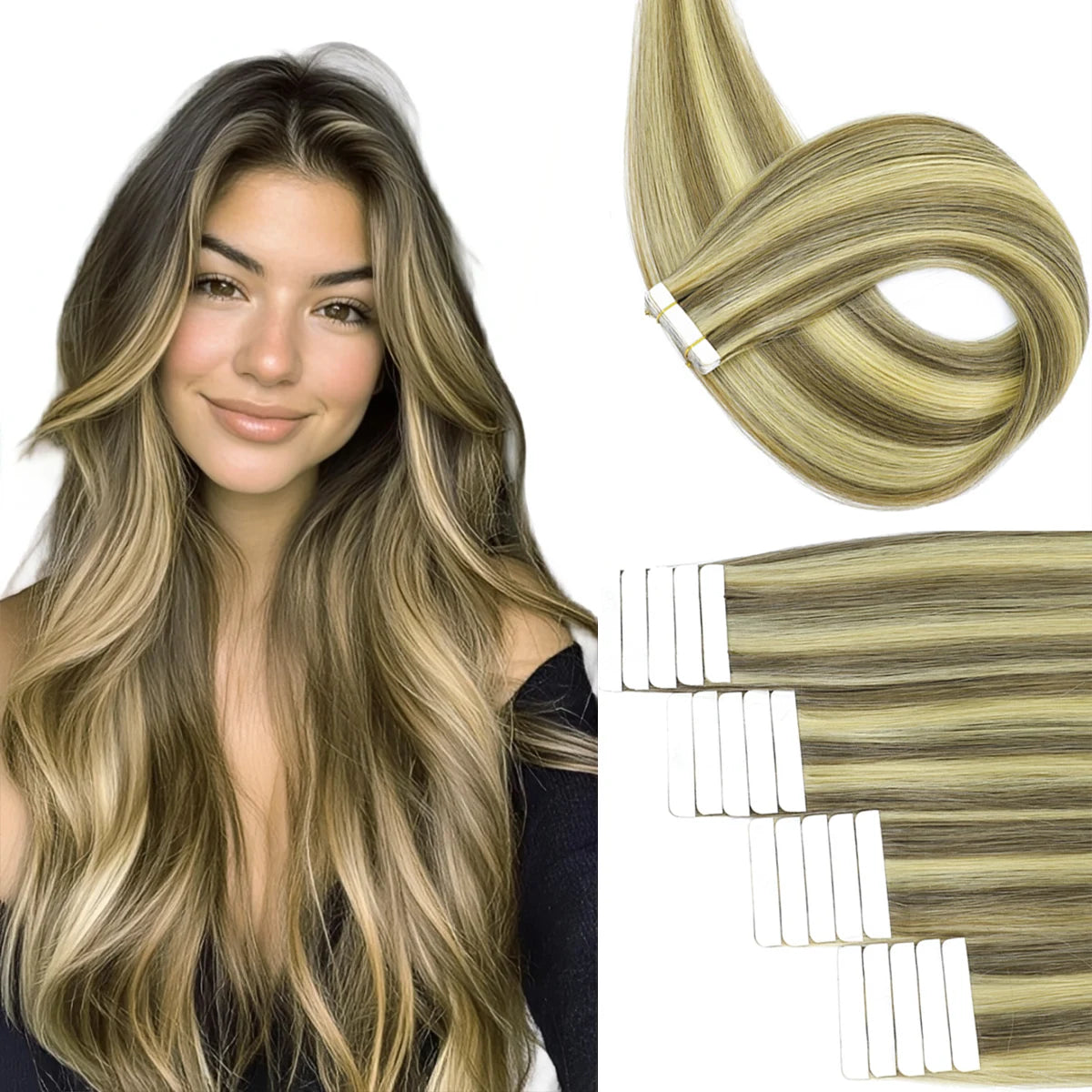 Extensiones de cabello con cinta Invisible, extensiones de cabello Remy Real para mujeres, postizos rectos de color rubio ceniza mezclado rubio platino