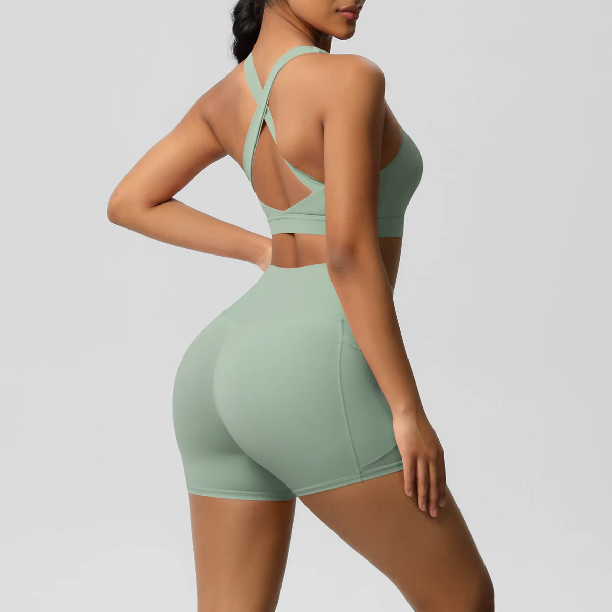 Ropa deportiva con bolsillo para mujer, conjunto de Yoga, ropa de gimnasio, trajes de Yoga para mujer, chándales, pantalones cortos deportivos, sujetador cruzado, mallas de gimnasio, 2 uds.