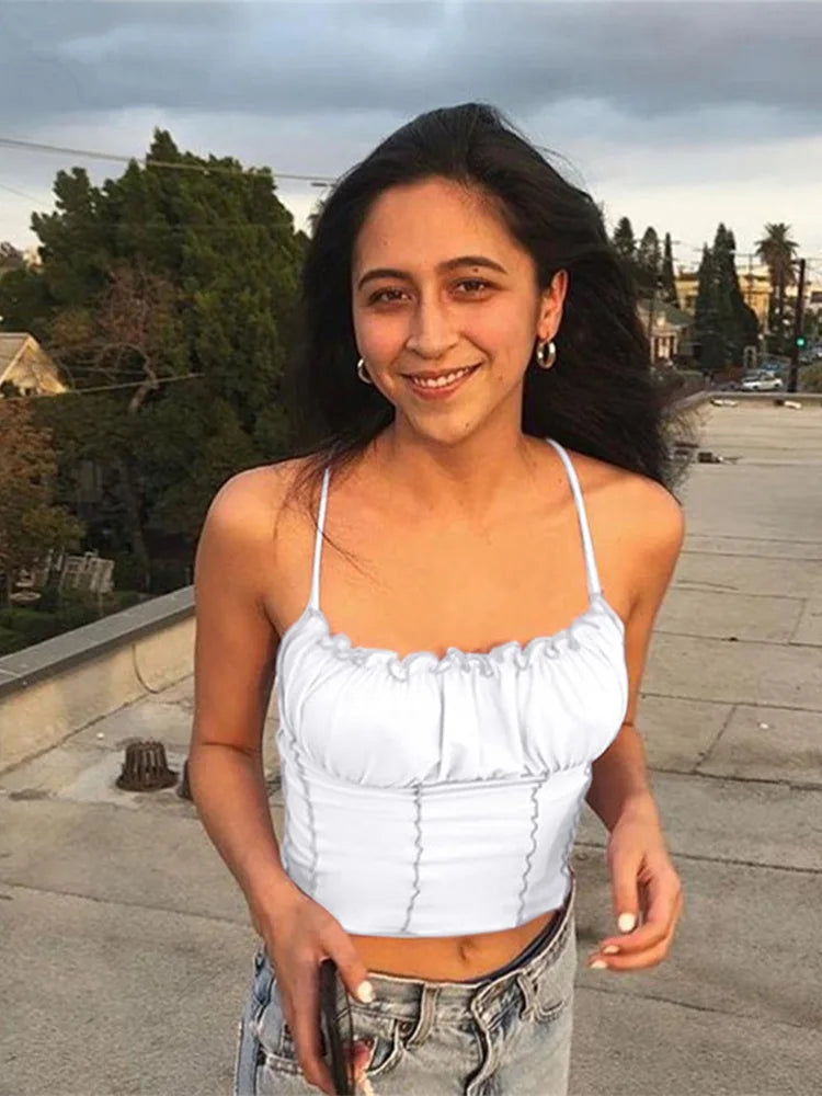 Camiseta sin mangas con volantes para mujer, Top Sexy a la moda para mujer, Top corto ajustado fruncido sin tirantes, camisola, ropa femenina 2022