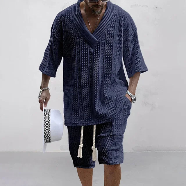 Conjunto de pantalones cortos informales para hombre, camiseta de manga corta con cuello en V y pantalones cortos, ropa de calle de punto, primavera y verano, 2024