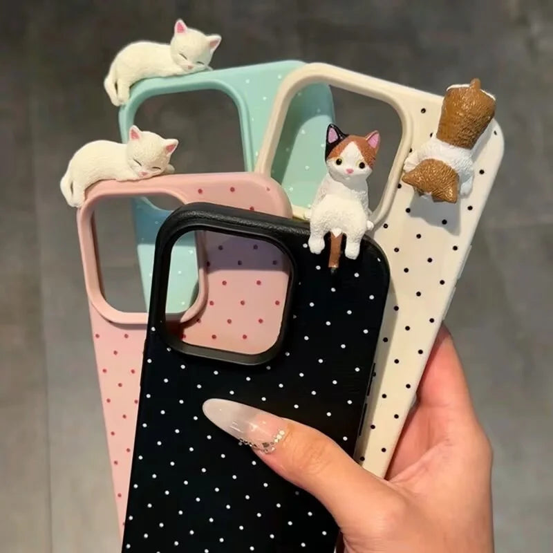 Funda de teléfono suave con diseño de lunares encantadores de Corea para iPhone 17 16 15 14 13 12 Pro Max Plus X funda a prueba de golpes con bonito gato de dibujos animados 3D