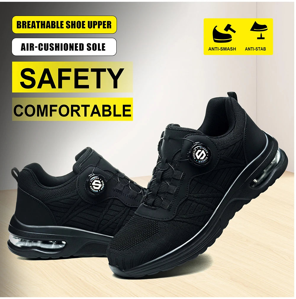 Nuevos zapatos de seguridad con hebilla giratoria para hombre, botas de trabajo ligeras antiimpacto y antiperforación, diseño deportivo de moda para exteriores profesionales