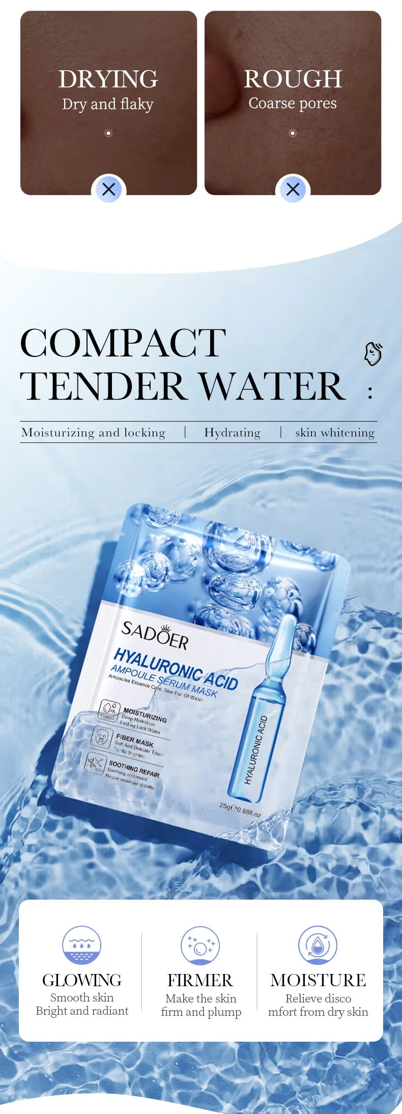 10 Uds SAODER máscaras faciales de ácido hialurónico cuidado de la piel reafirmante mascarilla Facial hidratante productos para el cuidado de la piel Facial