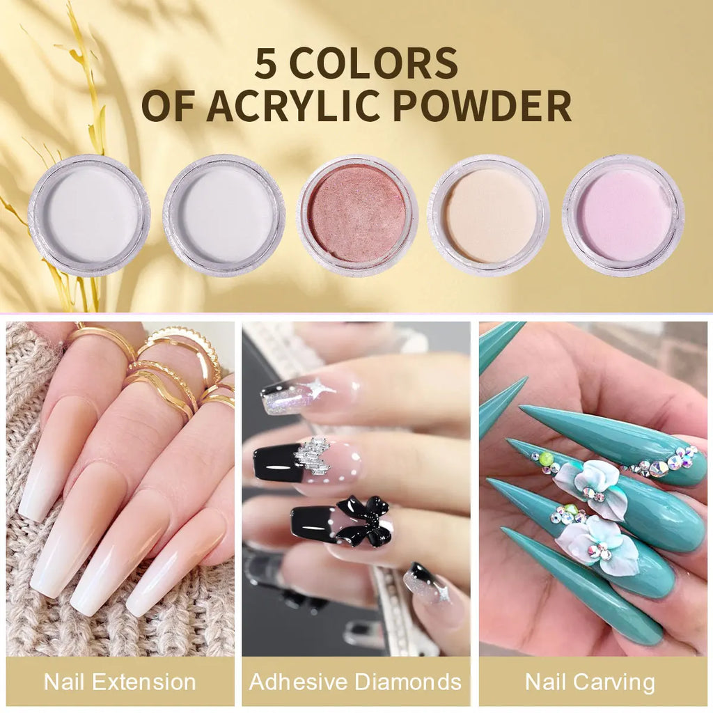 LIMEGIRL-polvo acrílico para uñas, 5 colores, profesional, rosa, claro, blanco, polímero desnudo para extensión de uñas, polvo fino de calidad para salón