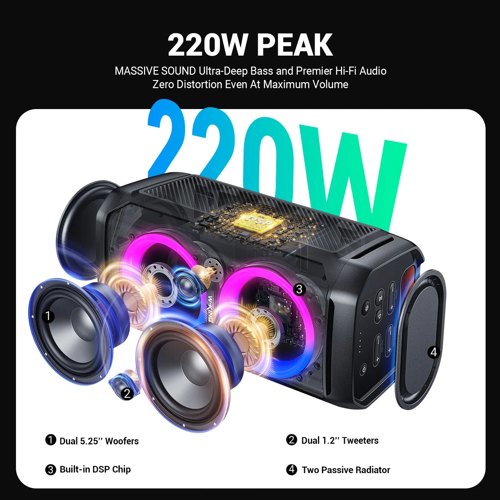 Altavoces Bluetooth W-KING T11 de 100 W RMS, Resistentes al Agua IPX6, BT 5.3, Altavoz Portátil para Fiestas, Graves Profundos Inalámbricos/Sonido Masivo de 115 dB