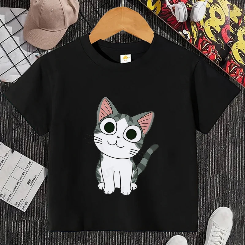 Camiseta con estampado de gato para niños y niñas, camiseta de dibujos animados, camiseta informal de manga corta, ropa cómoda y divertida para verano