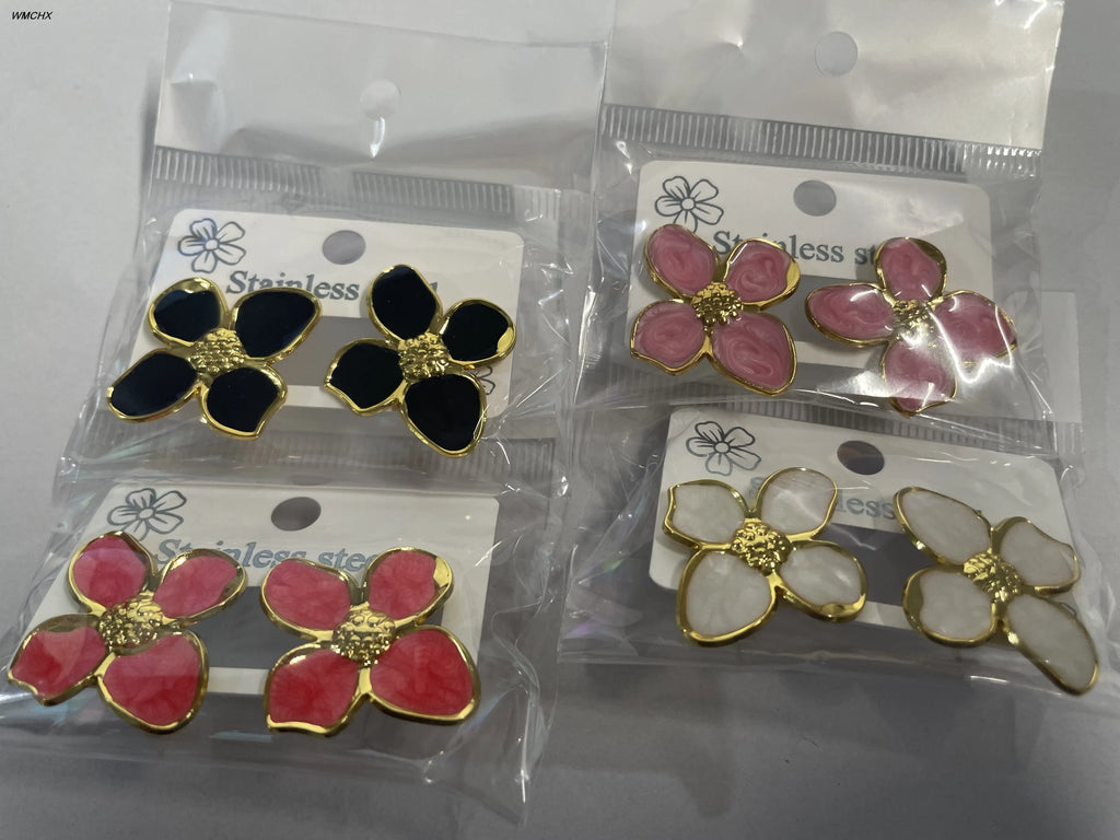Pendientes de Alta Gama con Diseño Dulce y Moderno, Esmalte Azul y Rosa, Flores, Primavera/Verano, Regalos para Mujeres, Joyería