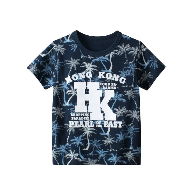 Camisetas cortas de manga corta para niños, 2023 algodón, oso, coche, animales, dibujos animados, Top deportivo informal, 100%