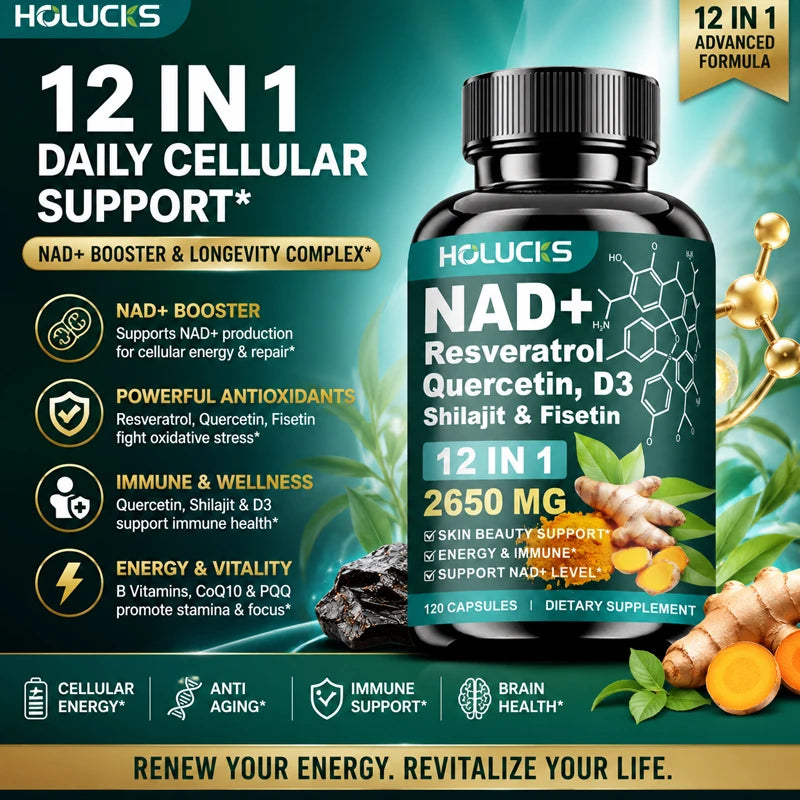 Cápsulas de NAD+ con Resveratrol, Suplemento 12 en 1, Mejora la Vitalidad Celular, Apoya la Energía y la Concentración, la Salud Inmunológica y de la Piel