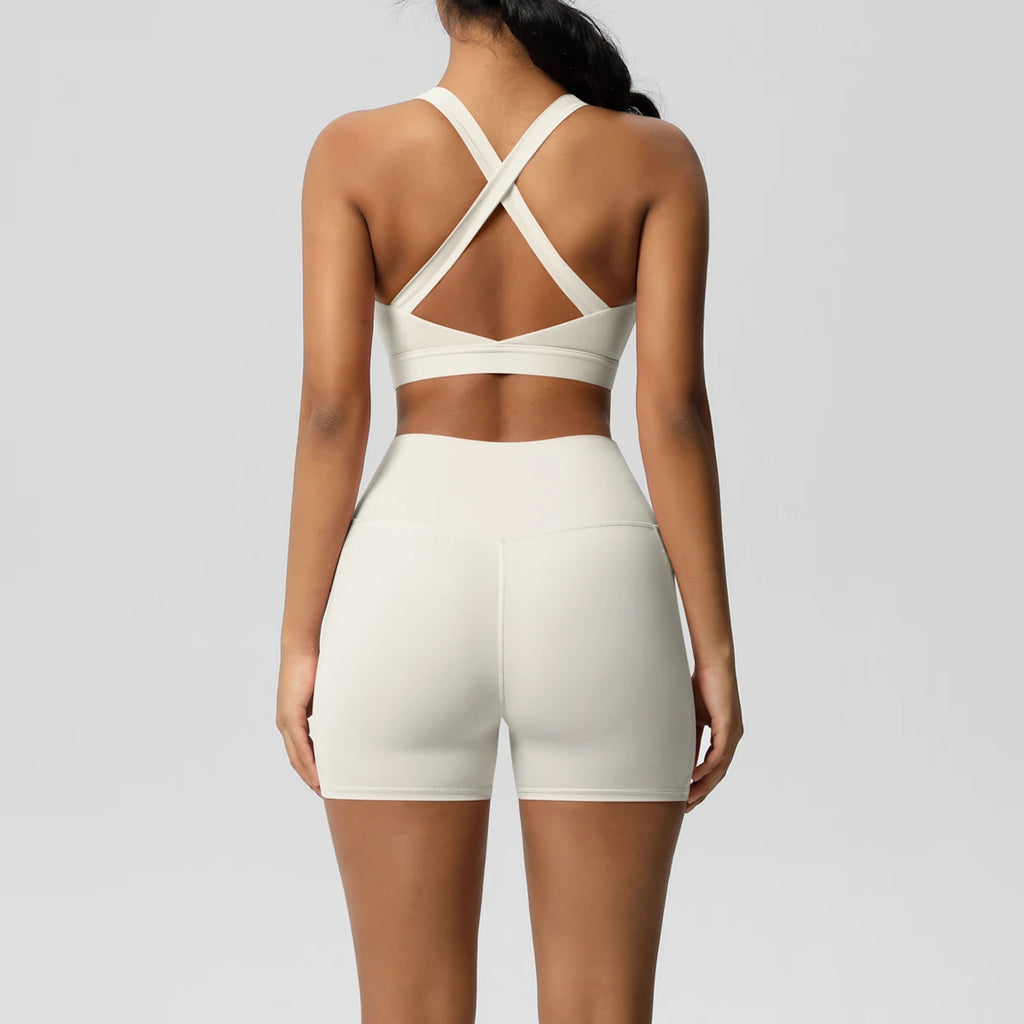 Ropa deportiva con bolsillo para mujer, conjunto de Yoga, ropa de gimnasio, trajes de Yoga para mujer, chándales, pantalones cortos deportivos, sujetador cruzado, mallas de gimnasio, 2 uds.
