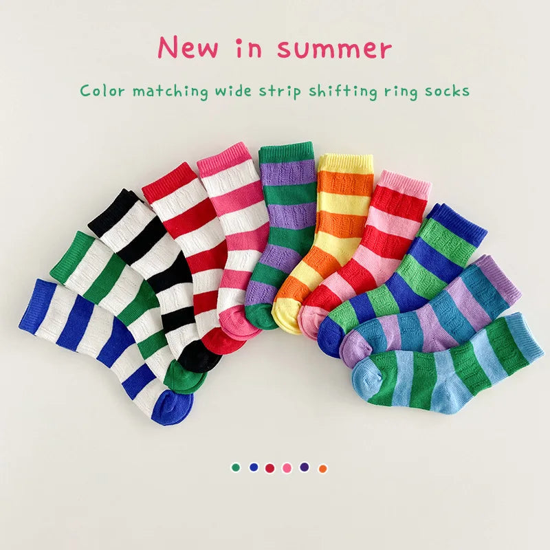 Horetong, 3 par/lote, calcetines de verano para niños de 1 a 12 años, calcetines de algodón a la moda para bebés, calcetines transpirables a rayas con contraste de colores