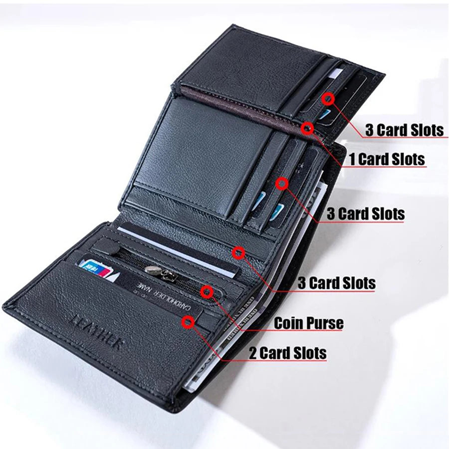 Cartera para hombre, billeteras de cuero genuino para hombre, monedero con cremallera, billeteras de negocios verticales, tarjetero antirrobo RFID, monedero