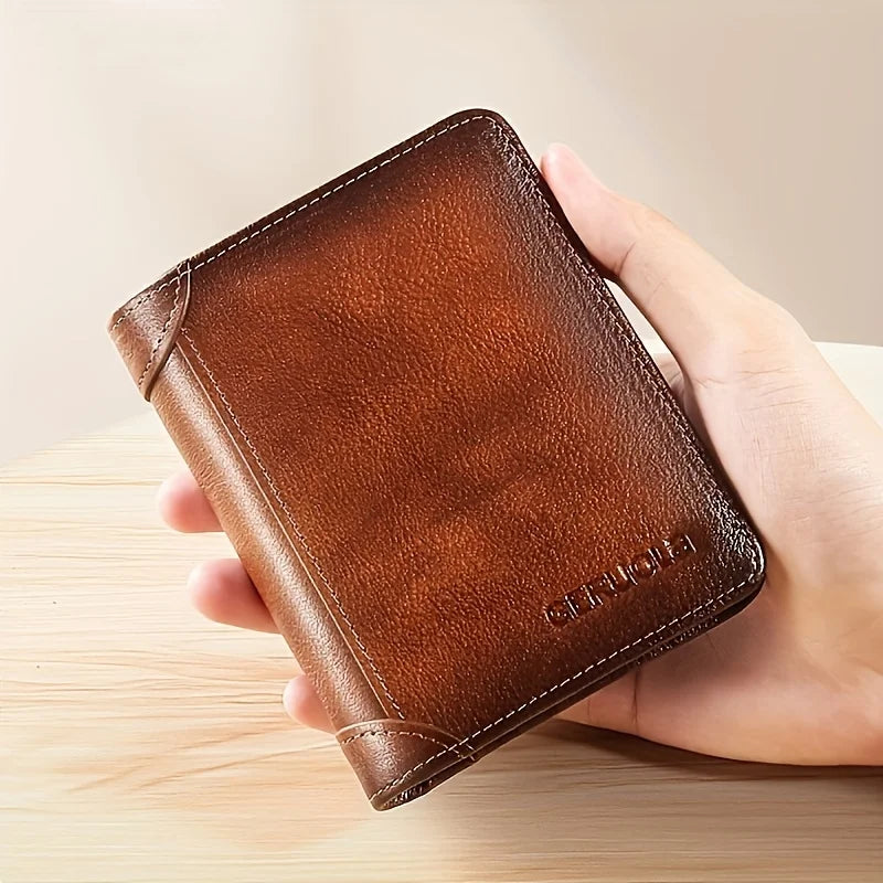 GERUOLA Cartera delgada de cuero genuino con protección RFID para hombre, tarjetero multifuncional para identificación y tarjeta de crédito, color marrón oscuro con adornos