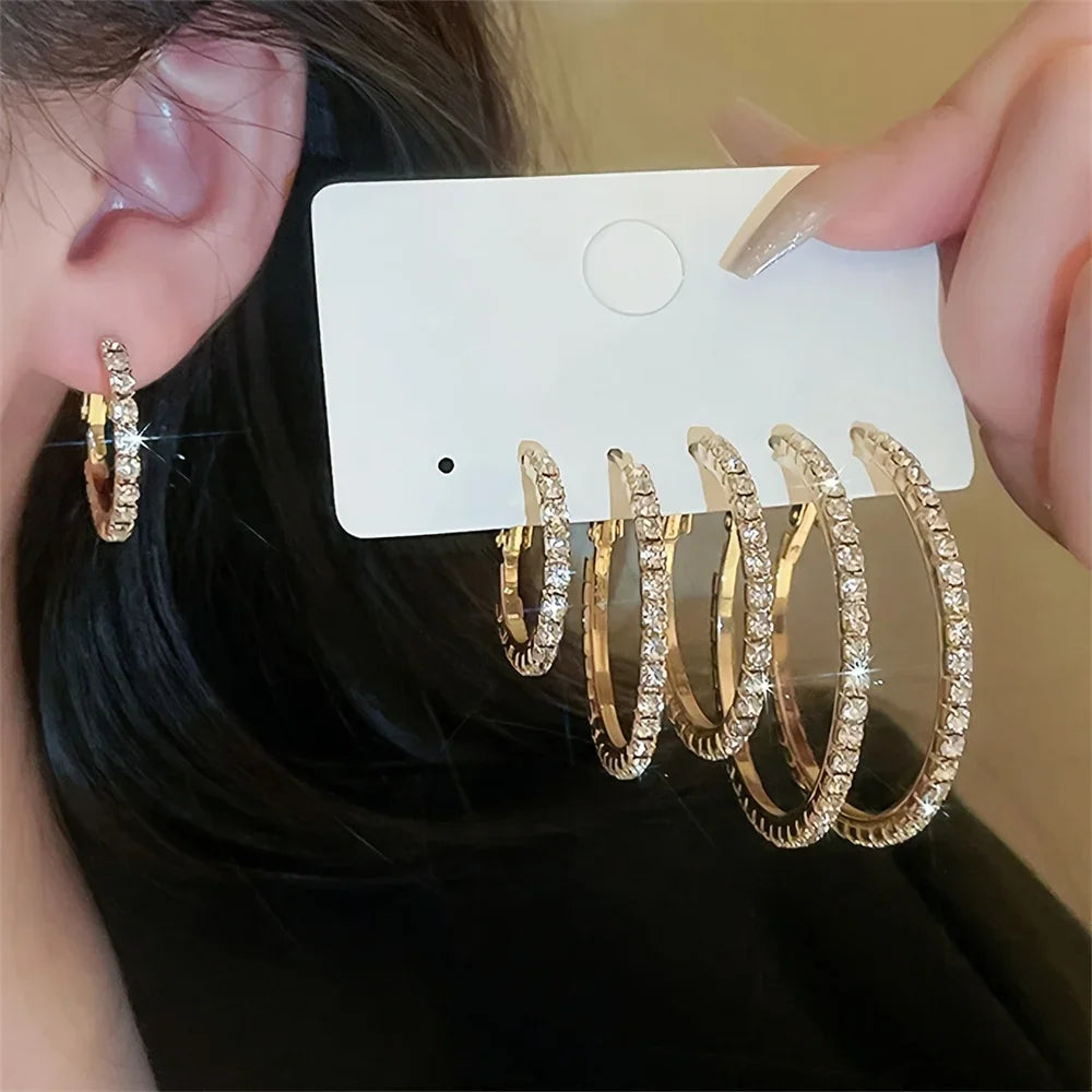 Juego de 1-3 pares de pendientes de aro circulares con diamantes de imitación exagerados y brillantes para mujer, joyería Simple y brillante