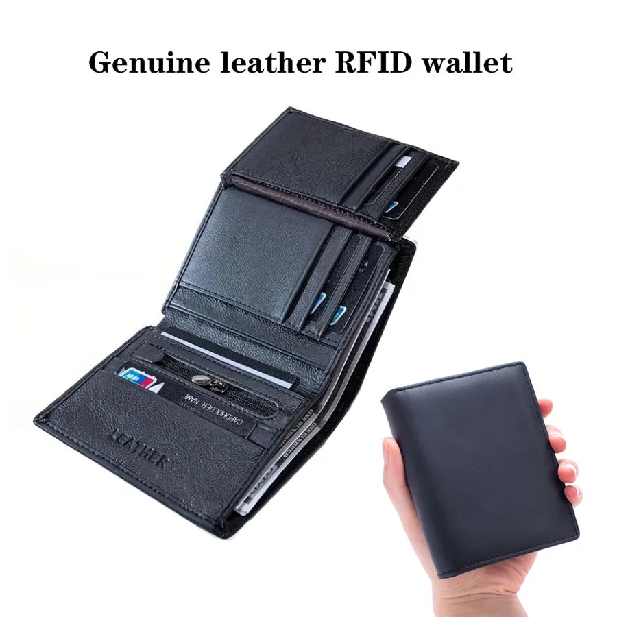 Cartera para hombre, billeteras de cuero genuino para hombre, monedero con cremallera, billeteras de negocios verticales, tarjetero antirrobo RFID, monedero