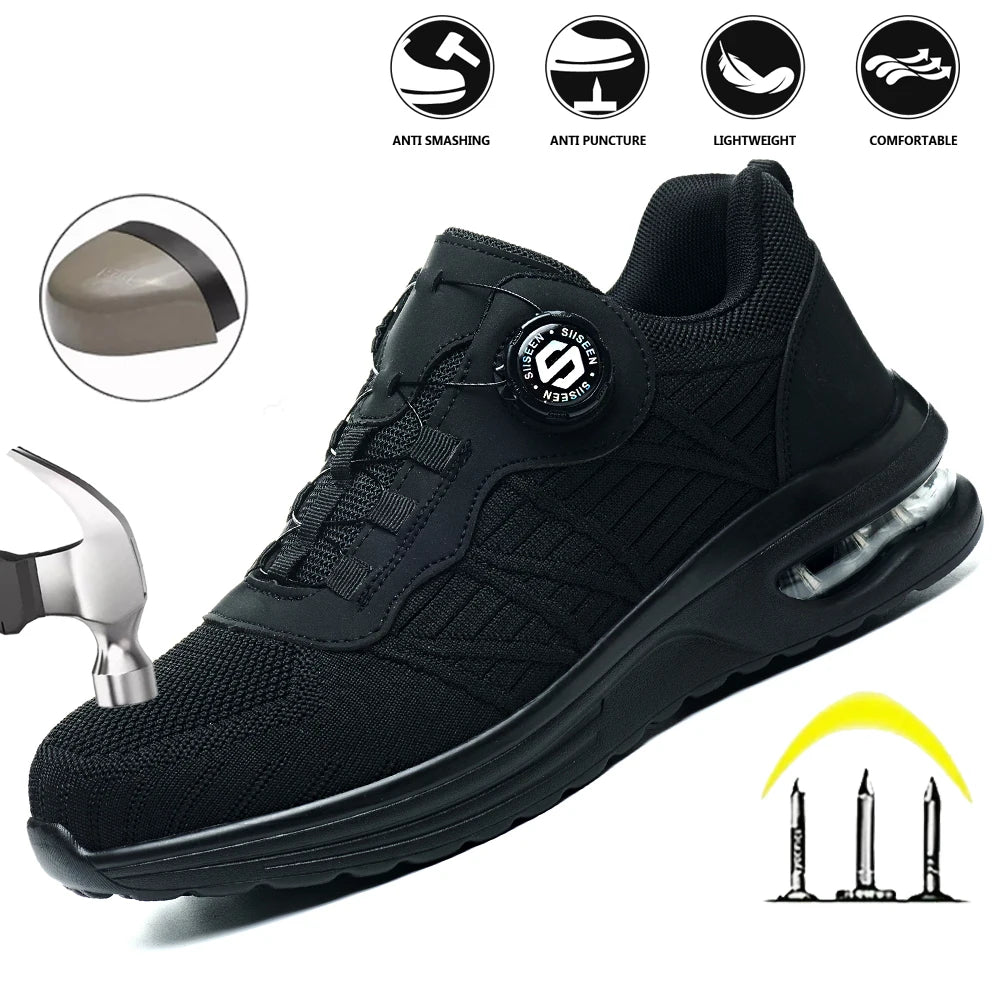 Nuevos zapatos de seguridad con hebilla giratoria para hombre, botas de trabajo ligeras antiimpacto y antiperforación, diseño deportivo de moda para exteriores profesionales