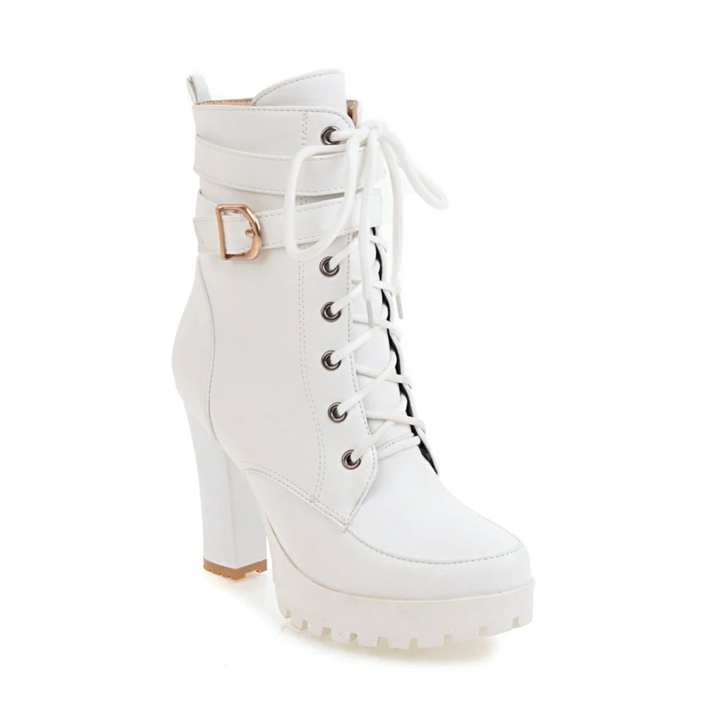 Zapatos de mujer Botas de moto Otoño Invierno Botas de mujer 2025 Botas de tobillo elegantes para mujer Plataformas de tacón alto Botas sexis con hebilla blanca