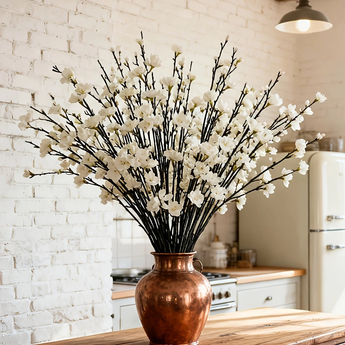5 paquetes de flores de ciruelo blancas artificiales de tallo largo, flores de jade realistas, para decoración exterior/interior, adecuadas para el hogar