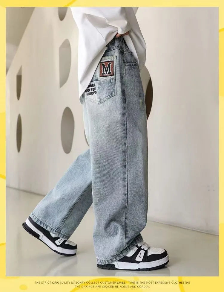 Pantalones vaqueros cálidos de invierno para niños, nuevo estilo, pantalones vaqueros holgados de pierna recta de marca a la moda para adolescentes y niños, pantalones sueltos para niños