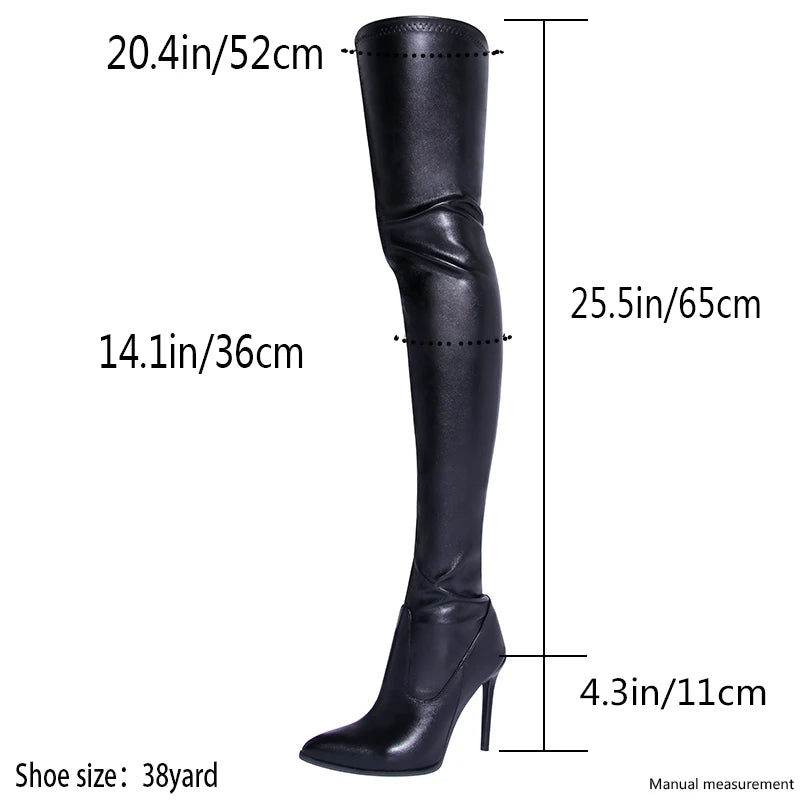 Botas por encima de la rodilla para mujer, tacones altos sexys, color negro, con cremallera lateral, botas altas hasta el muslo, zapatos femeninos, talla 46