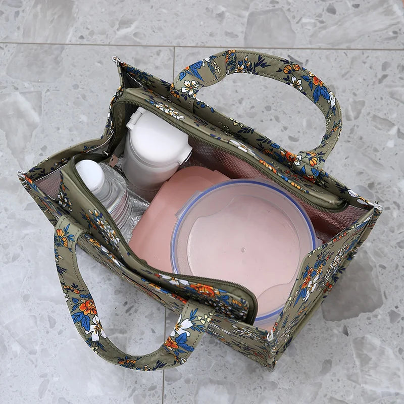 Bolso de mano grueso de gran capacidad con estampado de nailon de nuevo estilo, bolsa de almacenamiento para fiambrera semicerrada con cremallera portátil de trabajo, bolsa bento