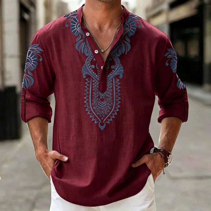 Camisa Henley de Lino para Hombre, Estilo Bohemio, Estampado Étnico Tribal, Manga 3/4, Cuello en V, Corte Holgado Informal, Blusa de Playa