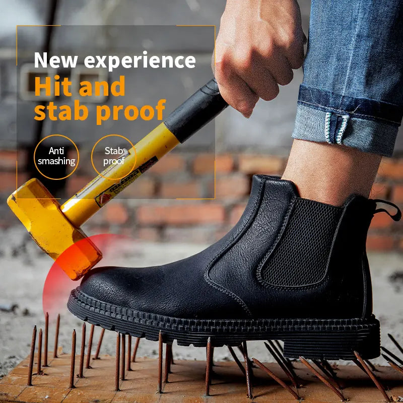Botas de trabajo Lerther para hombre, zapatos de seguridad indestructibles, zapatillas de trabajo a prueba de pinchazos con punta de acero, zapatos de trabajo para hombre