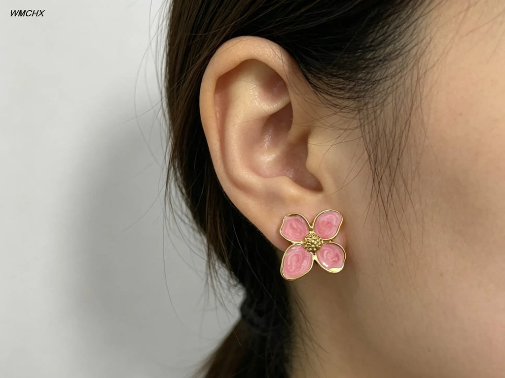 Pendientes de Alta Gama con Diseño Dulce y Moderno, Esmalte Azul y Rosa, Flores, Primavera/Verano, Regalos para Mujeres, Joyería