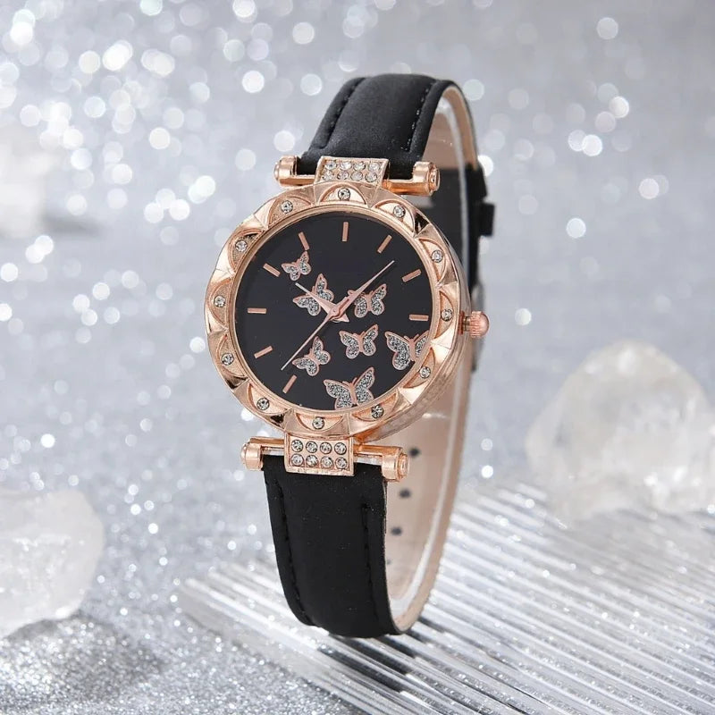 Conjunto de joyería de mariposa (sin caja), relojes para mujer, relojes de cuero para mujer, anillos, collar, pendientes, pulsera, regalo de boda