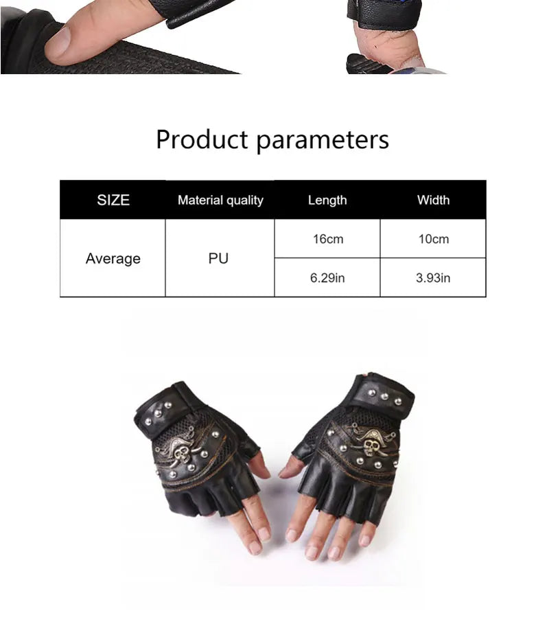 Guantes sin dedos de cuero PU de capitán pirata para hombre y mujer, manoplas con remaches de calaveras, guantes de gimnasio de Hip Hop, guantes de medio dedo para Moto femenina