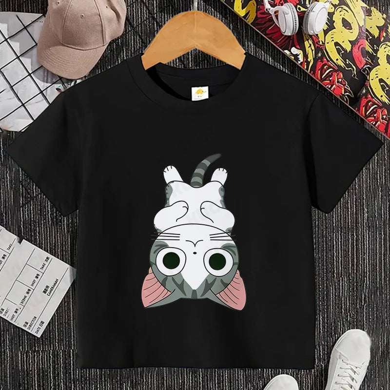 Camiseta con estampado de gato para niños y niñas, camiseta de dibujos animados, camiseta informal de manga corta, ropa cómoda y divertida para verano