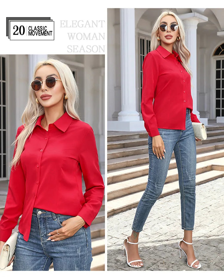 Blusa Elegante de Gasa con Botones para Mujer, Camisa Informal de Manga Larga con Cuello Camisero para Primavera y Verano, Blusa Tipo Túnica para Oficina