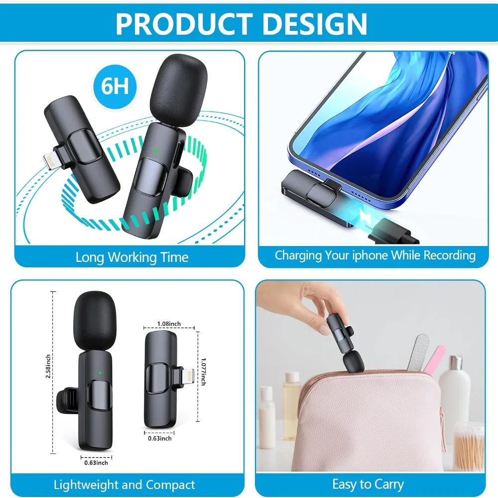 2 Micrófonos Lavalier Inalámbricos para iPhone, Android, iPad, Micrófono de Solapa Mini con Sonido Nítido