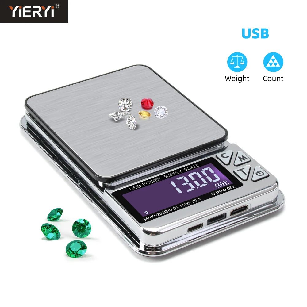 Báscula Digital para joyería, alta precisión, 200g/1000g x 0,01g, precisión, conteo inteligente, balanza de alimentos con gemas, báscula de bolsillo para cocina, carga USB