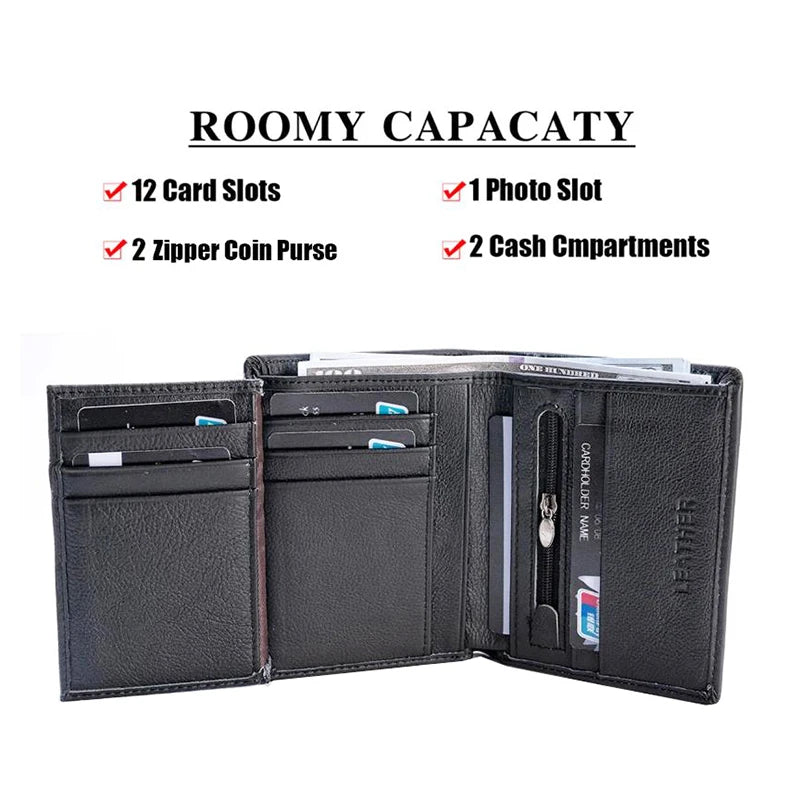 Cartera para hombre, billeteras de cuero genuino para hombre, monedero con cremallera, billeteras de negocios verticales, tarjetero antirrobo RFID, monedero